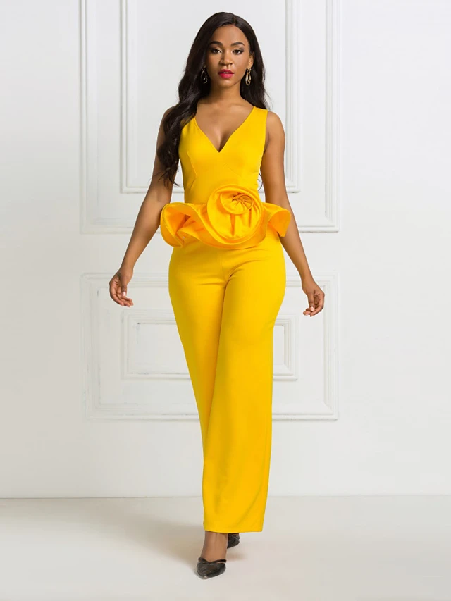 Women's Basic Onesie Patchwork Floral Yellow Jumpsuit
